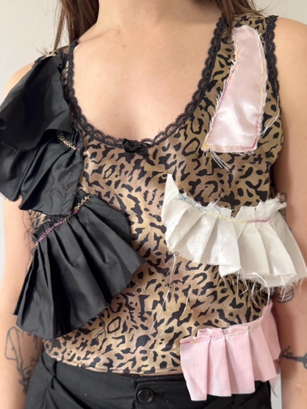 Acid Cat multi ruffle satin top OOAK